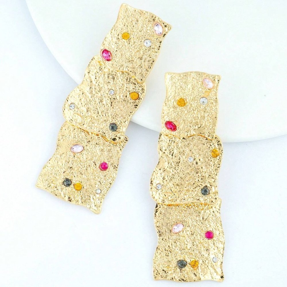 Gold Womens Vintage Rhinestone Decor Textured Drop Earrings - Picture 3 of 3